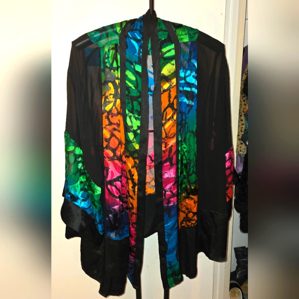 Rainbow Silk Open Jacket With Abstract  Textured Print